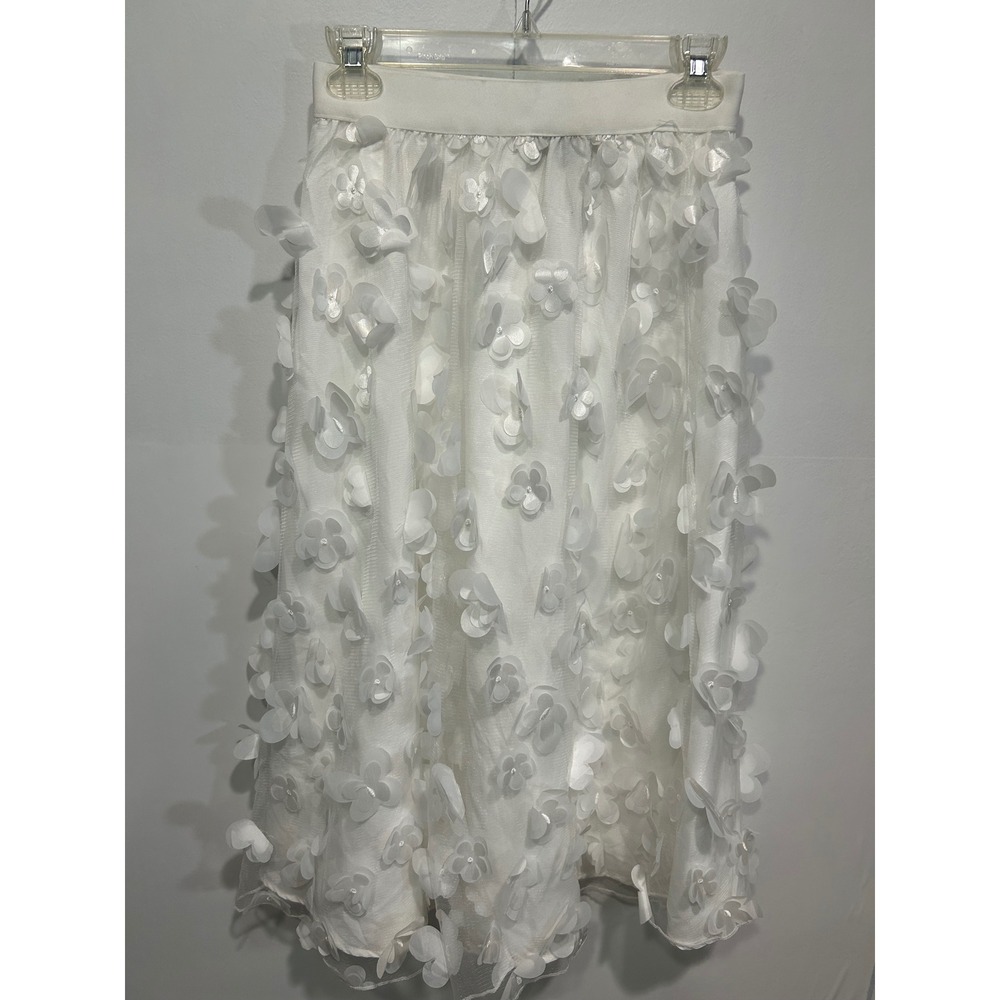 White 3D Floral Applique Midi Skirt Womens Small Ethereal Whimsical Fairy Ballet